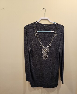 Women's Lauren Michelle Pull Over Sweater Black Metallic Beaded