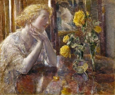 MARECHAL NIEL ROSES WOMAN ADMIRING GAZE AMERICAN PAINTING BY CHILDE HASSAM REPRO