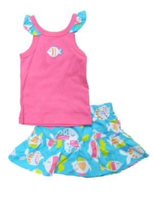 Carters Infant Girls Pink & Blue Fish Baby Outfit Shirt & Ruffled Skirt Set