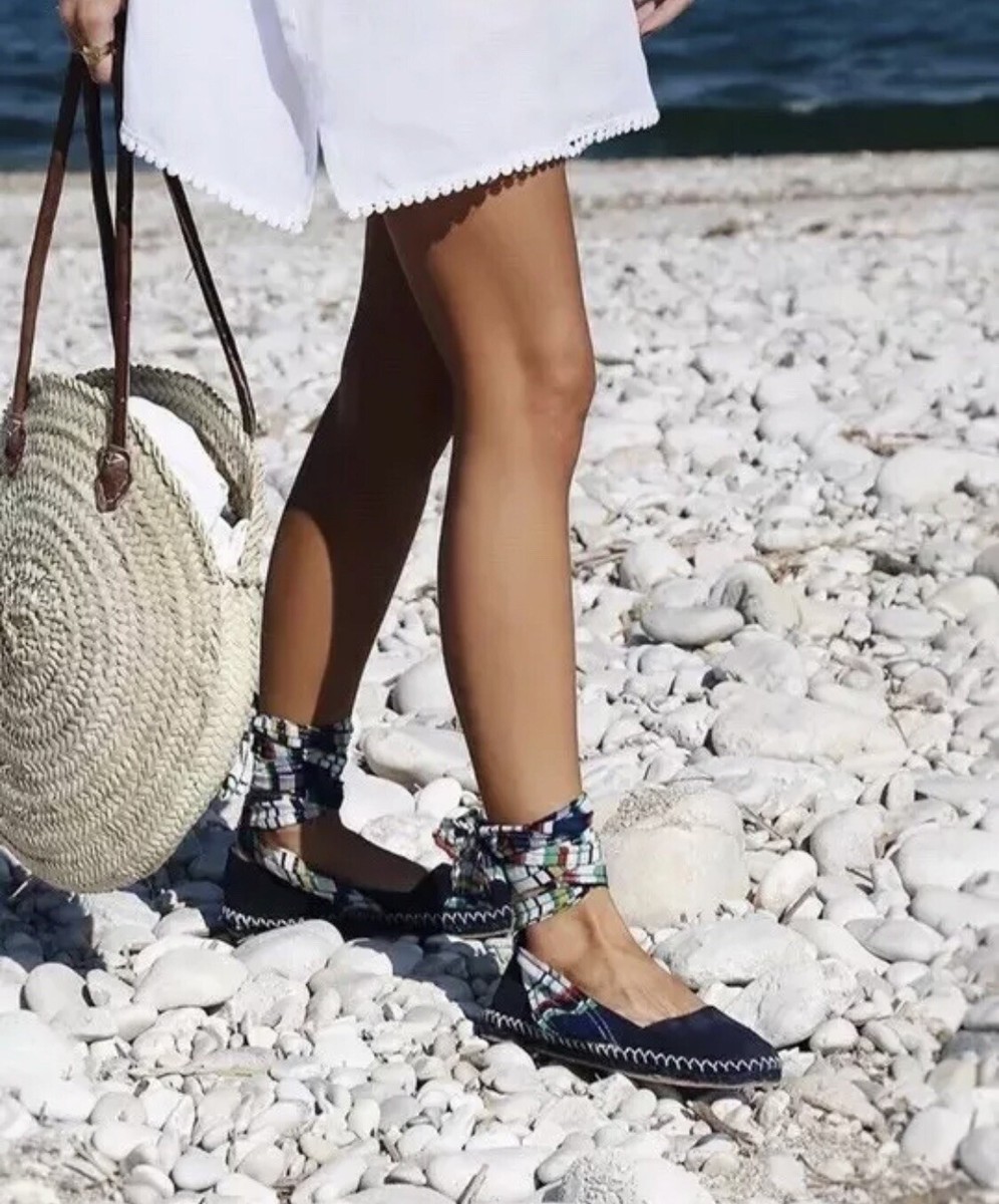 Zara Navy Blue Suede Leather Lace Up Espadrilles Flat Shoes