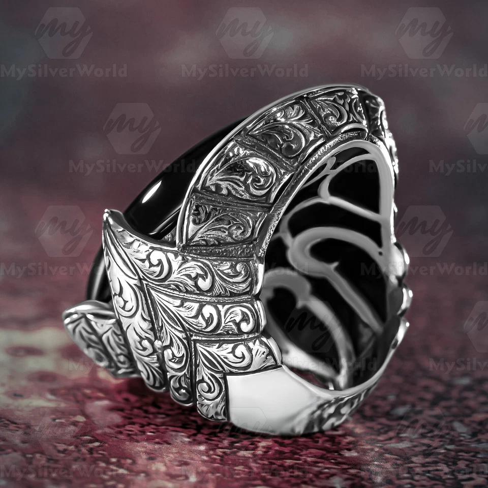 925 Sterling Silver Onyx Stone Engraved Design Turkish Handmade Huge Men's Ring - Image 2 of 4