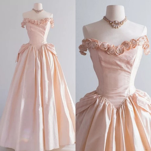Champagne Satin Wedding Dresses 60s Victorian Vintage 3D Flowers Bridal Gowns - Picture 1 of 11