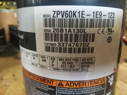 COPELAND ZPV60K1E-1E9-123 315V 3PH 90-350HZ LRA 36 R-FOUR TEN A SCROLL A/C COMP. - Picture 2 of 5