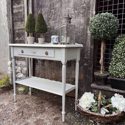 Grey Hand Painted Vintage Country Chic Style Pretty Scallop Rim Console Table - Picture 4 of 11