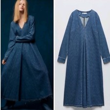  ZARA long v neck denim dress with pleat detail size L