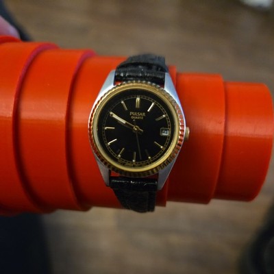 Pulsar Womens Watch Date Stainless Silver Gold Water Resist Black Leather Quartz