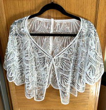 FANCY WHITE SHEER WITH SILVER SEQUINS EVENING CAPE/SHRUG FORMAL WEAR-ONE SIZE