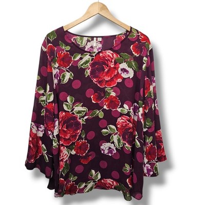 Cato Est 1946 Top Floral Red Pink Bell Sleeve Plus Size 22/24W Valentine's Day