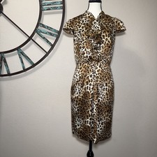 Tahari ASL Dress 4 EUC Animal Print Cap Sleeve Ruffle Accent Lined Sheath