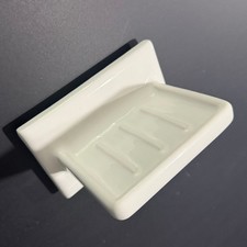 Vintage MCM White Ceramic Ribbed Soap Dish, Tile In Thinset Mount, 5 x 3 x 3.5