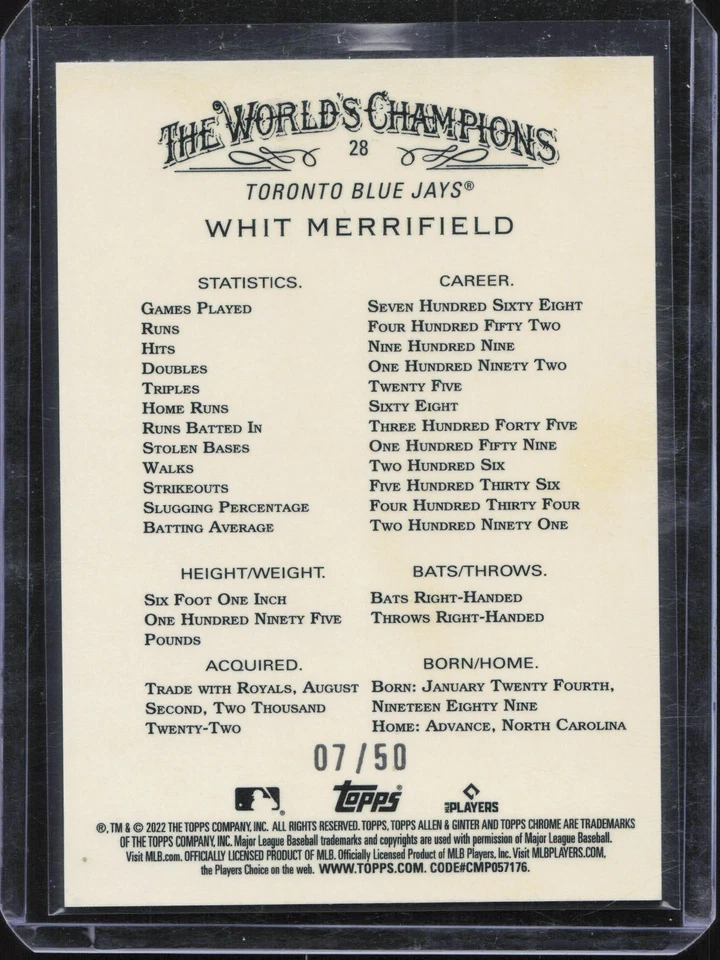 2022 Topps Allen & Ginter Whit Merrifield #28 Gold Refractor /50 Blue Jays  - Image 2 of 2