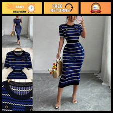 Women's Blue Geometric Striped Crew Neck Sundress, Short Sleeve Bodycon Maxi Dre