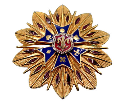 Vintage RED BLUE ENAMEL CELTIC ORDER SHIELD FLEUR DE LIS Heraldic Brooch