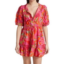 nwot FARM RIO Dress M Floral Hot-Pink Orange Lime,Puff-½-sl,2-Ties-Bow&Beaded