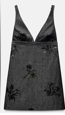 ‼️SALE‼️Zara Dark Denim Dress W Black Sequin Floral Embroidery Size L NWOT