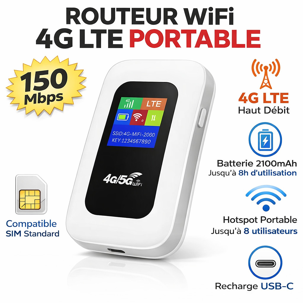 Routeur WiFi 4G LTE Portable 150Mbps Noir avec Fente Carte SIM Hotspot MiFi