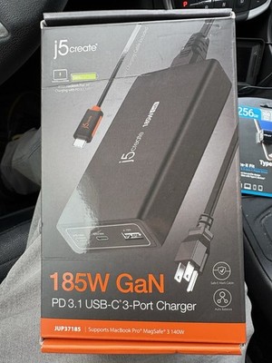 J5create 185W Gan PD3.1 USB-C 3-Port Charger Black