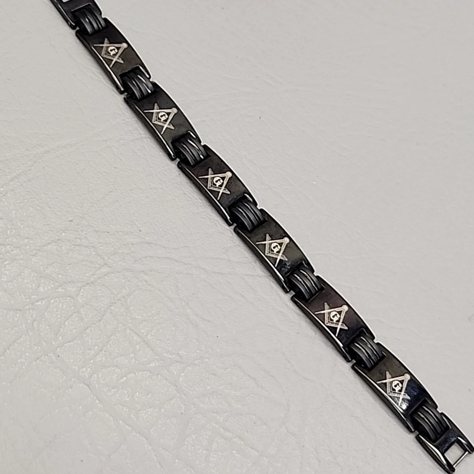 Masons Bracelet Mens Black Titanium Masonic Freemasonry 7.5" - Image 2 of 4