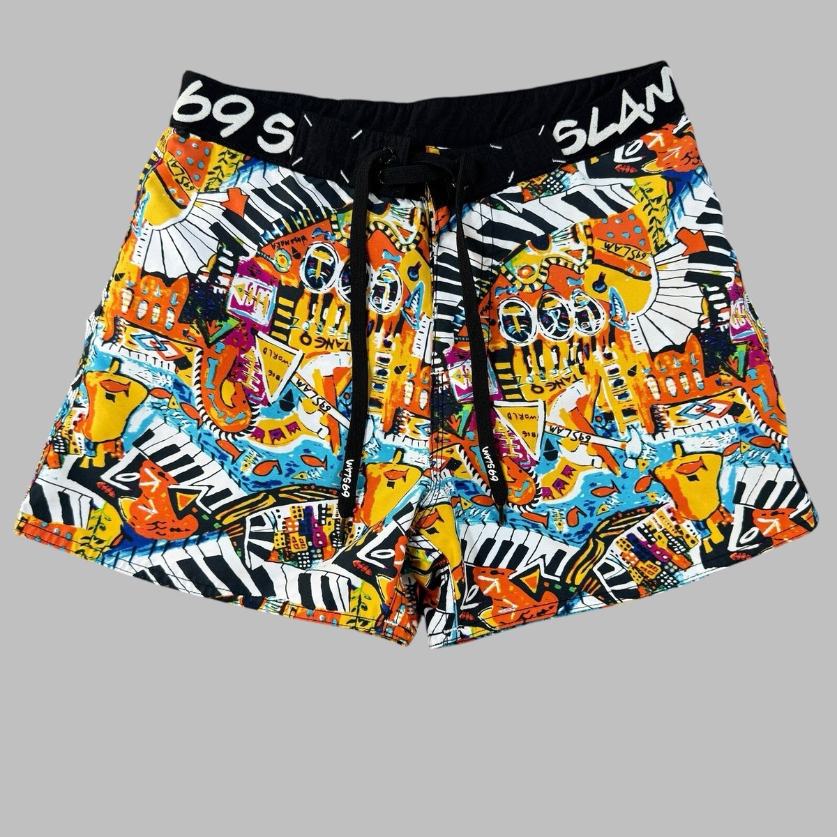 69Slam Board Shorts Mens 30 Black Rafa City Print Stretch Beach