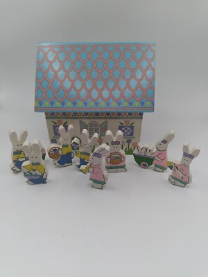 Vintage 1995 10 Piece All Wood Easter House Decoration By Sue Dreamer with Box