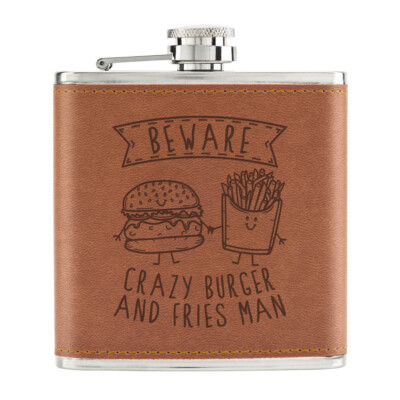 Vorsicht Crazy Burger und Pommes Mann 6 Unzen PU Leder Flachmann hellbraun lustig Essen Chips