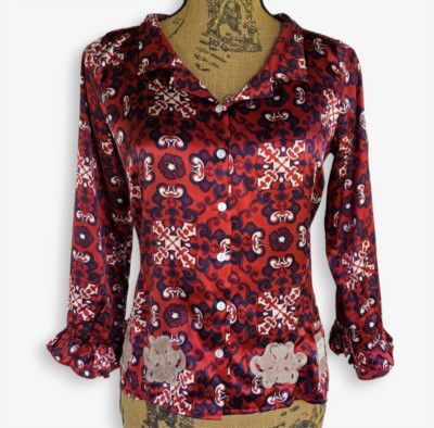 Odd Molly 60s Style Silk Button Down Blouse Red Womens XS Patch Embroidered Boho