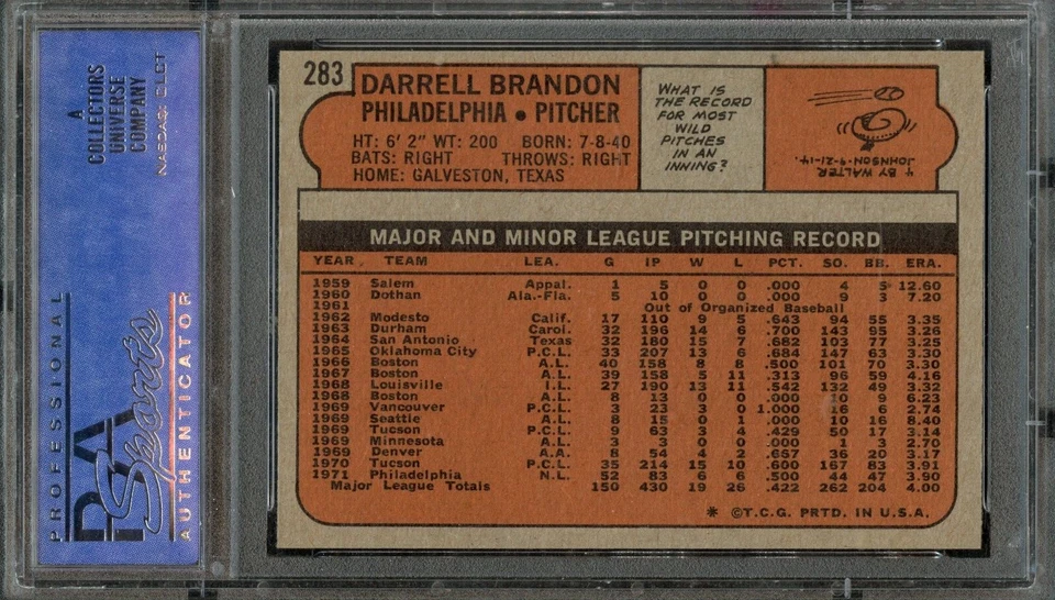 BB - 1972 Topps - #283 - Darrell Brandon - PSA 9 - MINT - Image 2 of 2