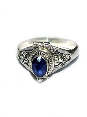 New 925 Sterling Silver treated  Lab Created Blue Sapphire Faceted Poison Ring