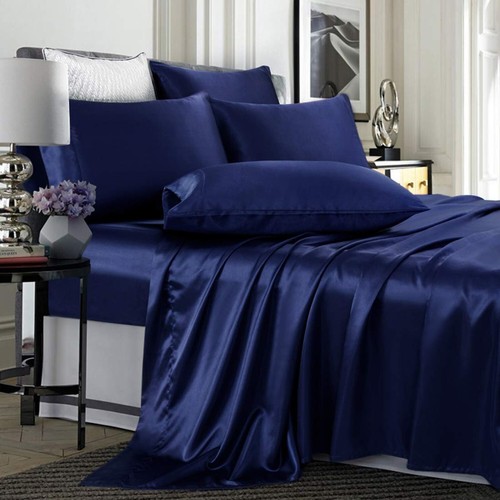 TREELY 6-teiliges King Size Satin Laken Set - Marineblau, tiefe Taschen, Spannbetttuch...