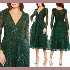 NWT 598 Mac Duggal 8 Embellished Long Sleeve Wrap Over Dress Emerald G1895