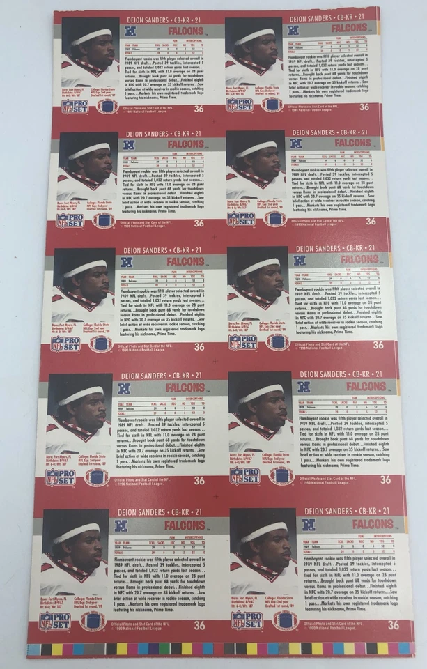 Juego profesional de fútbol americano Deion Sanders 1990 ¡¡RARO!! Tarjeta coleccionable #36 hoja sin cortar Foto 2 de 2