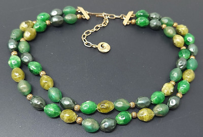 Vintage 50's Lisner Green Lucite Gold tone Beaded Multi strand Necklace 16''