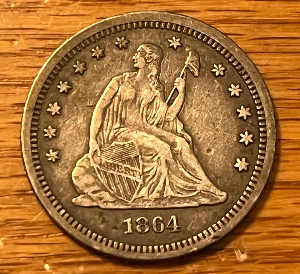 1864 seated Liberty quarter  , XF, a nice original coin , rare date - Image 3 of 4