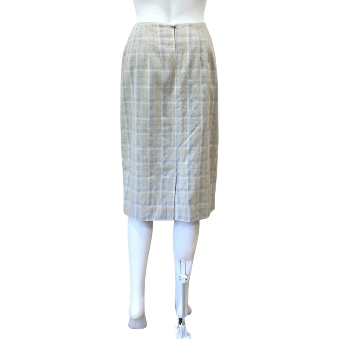 Talbots vintage 90s linen blend plaid pencil wrap skirt blue beige
