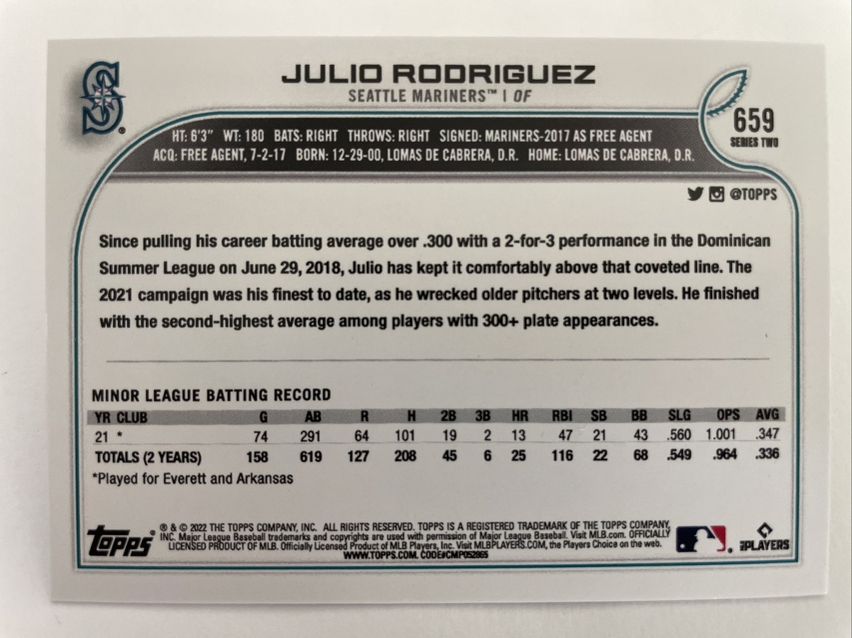Julio Rodriguez Short Print Variation Rookie 2022 Topps Series 2