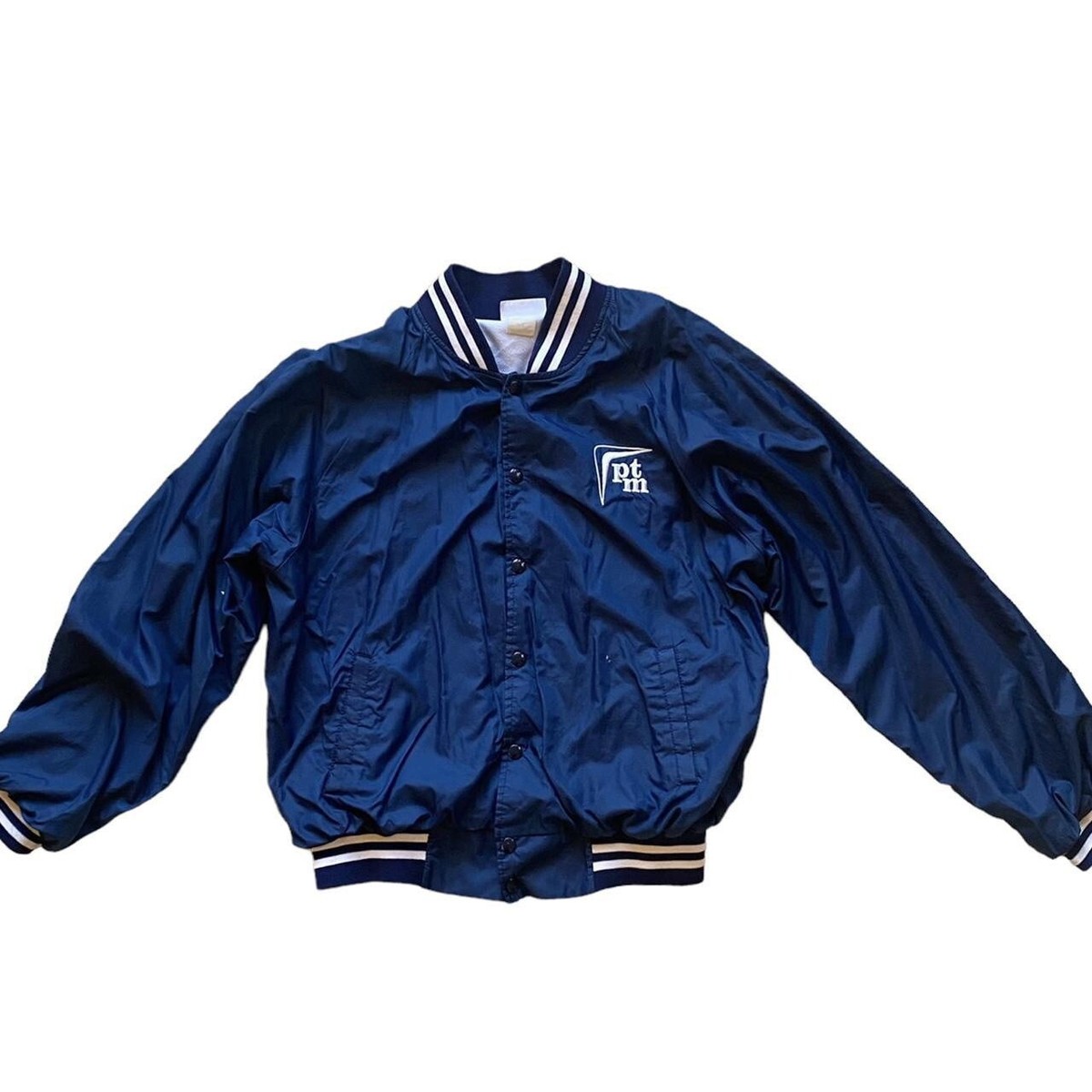 Vintage 90s Navy Blue and white striped Letterman windbreaker