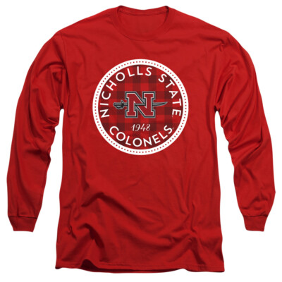 Nicholls State University Adult Long Sleeve T-Shirt Plaid Badge, Red, S-3XL