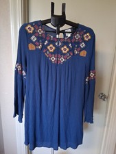 Francesca's Blue Rain Boho Peasant Embroidered Long Sleeve Babydoll Mini Dress L