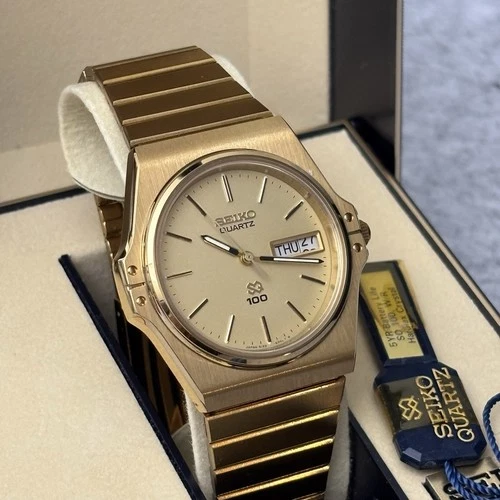 NOS Neo Vintage Seiko Watch Men SQ 100 Gold Tone 8123-6009 Box 6.75”+ - New Bat