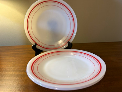 Set of 3 Vintage Termocrisa Milk Glass Red Band Rim Round Shiny Finish
