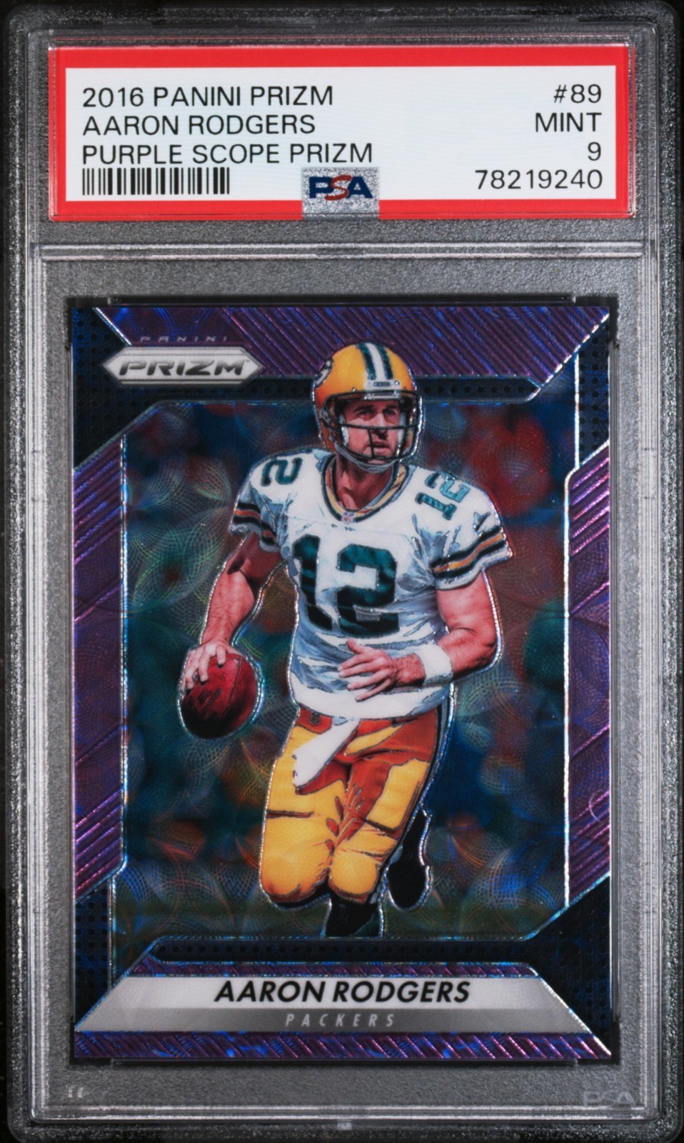 AARON RODGERS 2016 PANINI PRIZM NFL PURPLE SCOPE PACKERS /99 PSA 9
