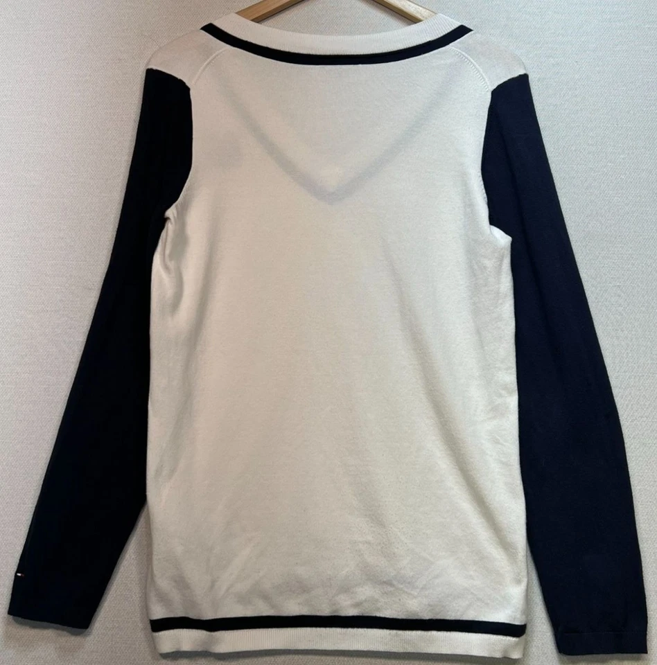 Tommy Hilfiger Mujer Cuello en V Pullover Suéter Tejido Manga Larga Talla M Azul Marino Blanco Foto 2 de 4