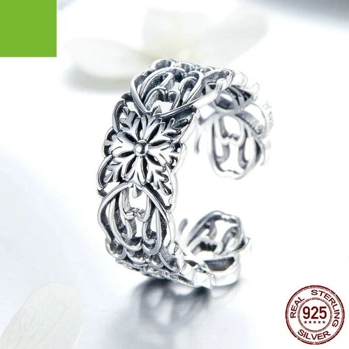 925 Sterling Silver Flower Ring Vintage Adjustable Filigree Band