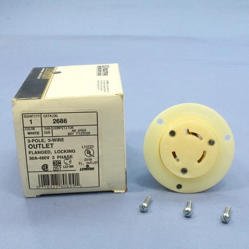 Leviton Twist Turn Locking Flanged Outlet Receptacle L12-30R 30A 480V 3Ø 2686