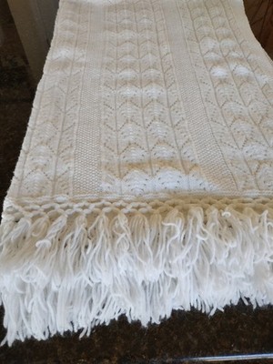 Vintage Handmade Crochet Cotton Afghan, Intricate Pattern 40x60'' Plus 4''Fringe