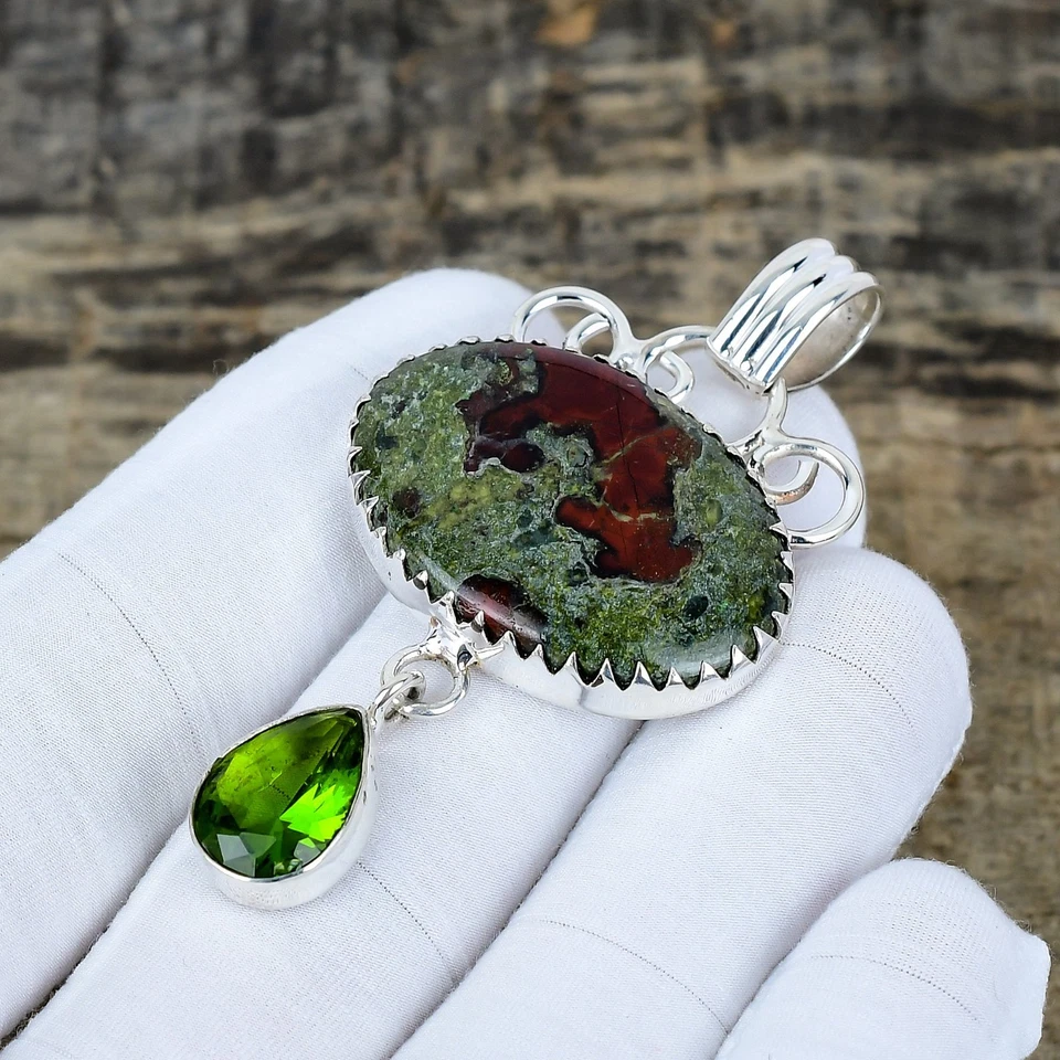 Naturale Ematite, Peridoto Gemma a Mano 925 Pendente Argento Sterling Regalo - Immagine 2 di 4