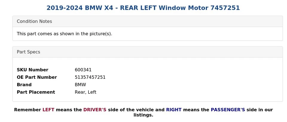 2019-2024 BMW X4 - REAR LEFT Window Motor 7457251 - Image 4 of 4