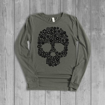 Long Sleeve Skull Flower T-Shirt for Women, Screen Printed Gothic Graphic Tees