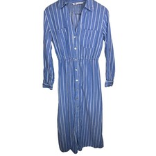 Zara Shirt Dress Small Blue White Striped Linen Blend Midi Roll Tab Sleeve