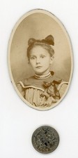 Vintage 1900's SEPIA Mini OVAL PORTRAIT / Sweet Little Girl BOWS on Dress Hair